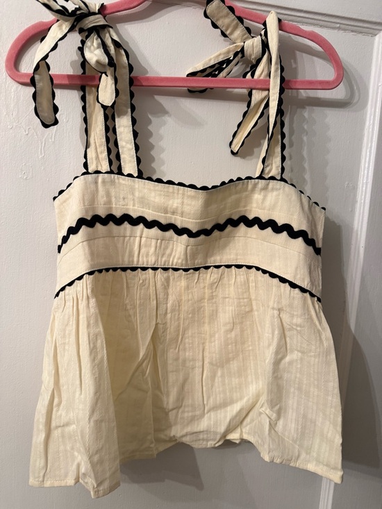 Tops - Cream Tie-Shoulder Top with Black Ric Rac Trim